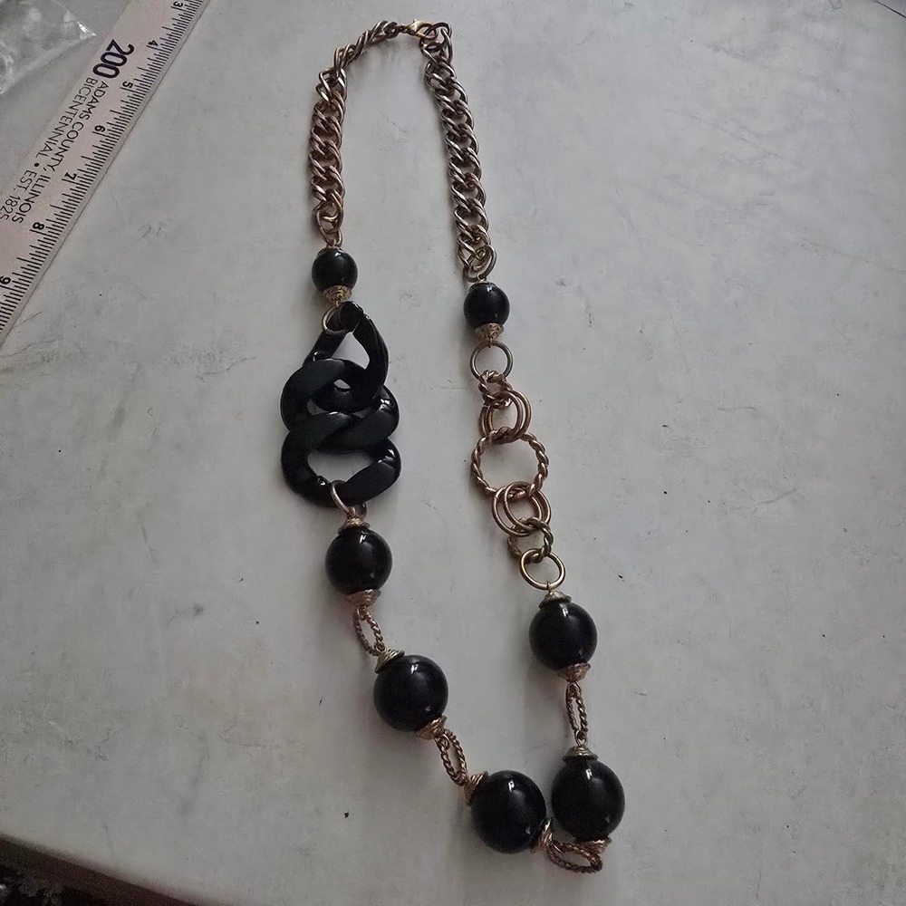 Chunky‎ Black Bead and Acrylic Link Statement Necklace Gold Tone Mixed Chain 22"